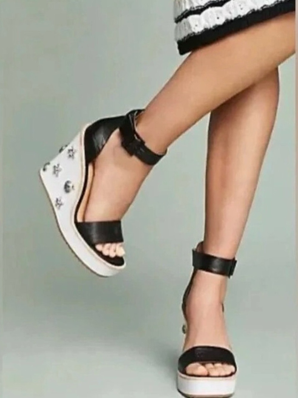 Anthropologie Black and White Star-Embellished Wedge Sandals
